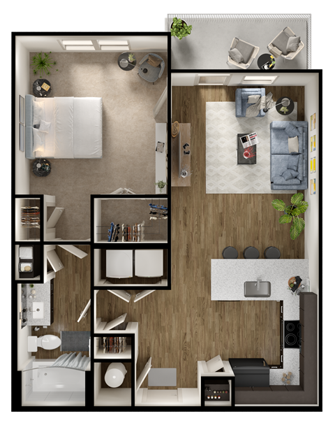 A top-down view of a small apartment with a kitchen, living room, and bedroom.